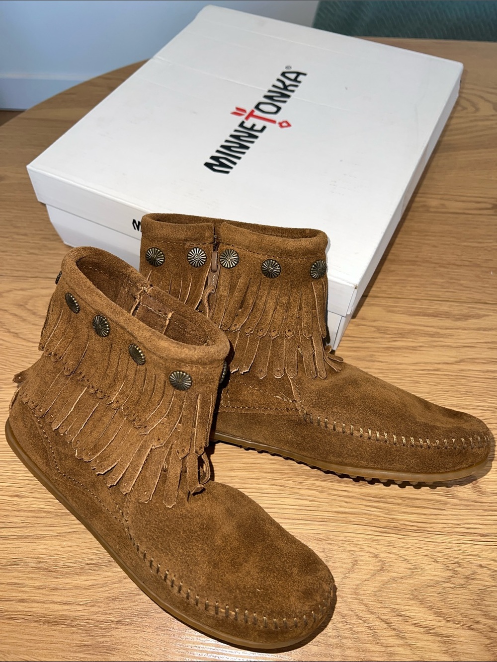 NIB Minnetonka Double Fringe Dusty Brown Suede Boot with studded accents